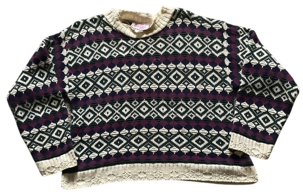 Vintage Crop Sweater Size Large Vintage 90s Cotton Fair Isles Geometric Granny